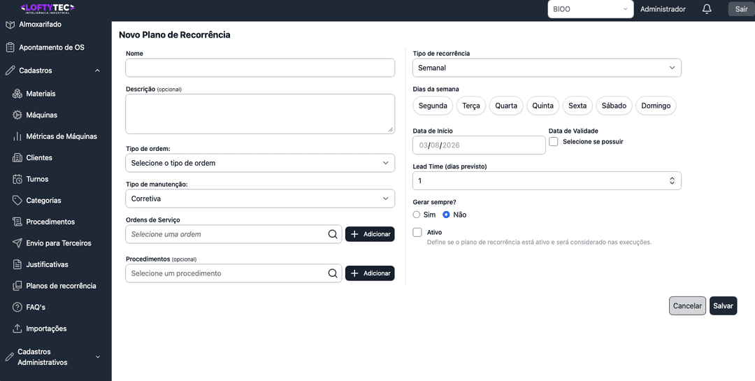 Tela do CMMS Loftytec — indicadores e dashboards